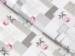 PVC ubrusovina růže patchwork na šedé - metráž šířka 140 cm